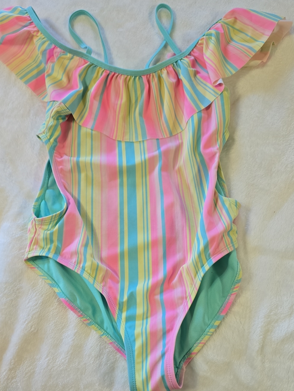 Wonder Nation Pink/Yellow/Green Stripe Girls One-Piece Swimsuit with Thin Straps
